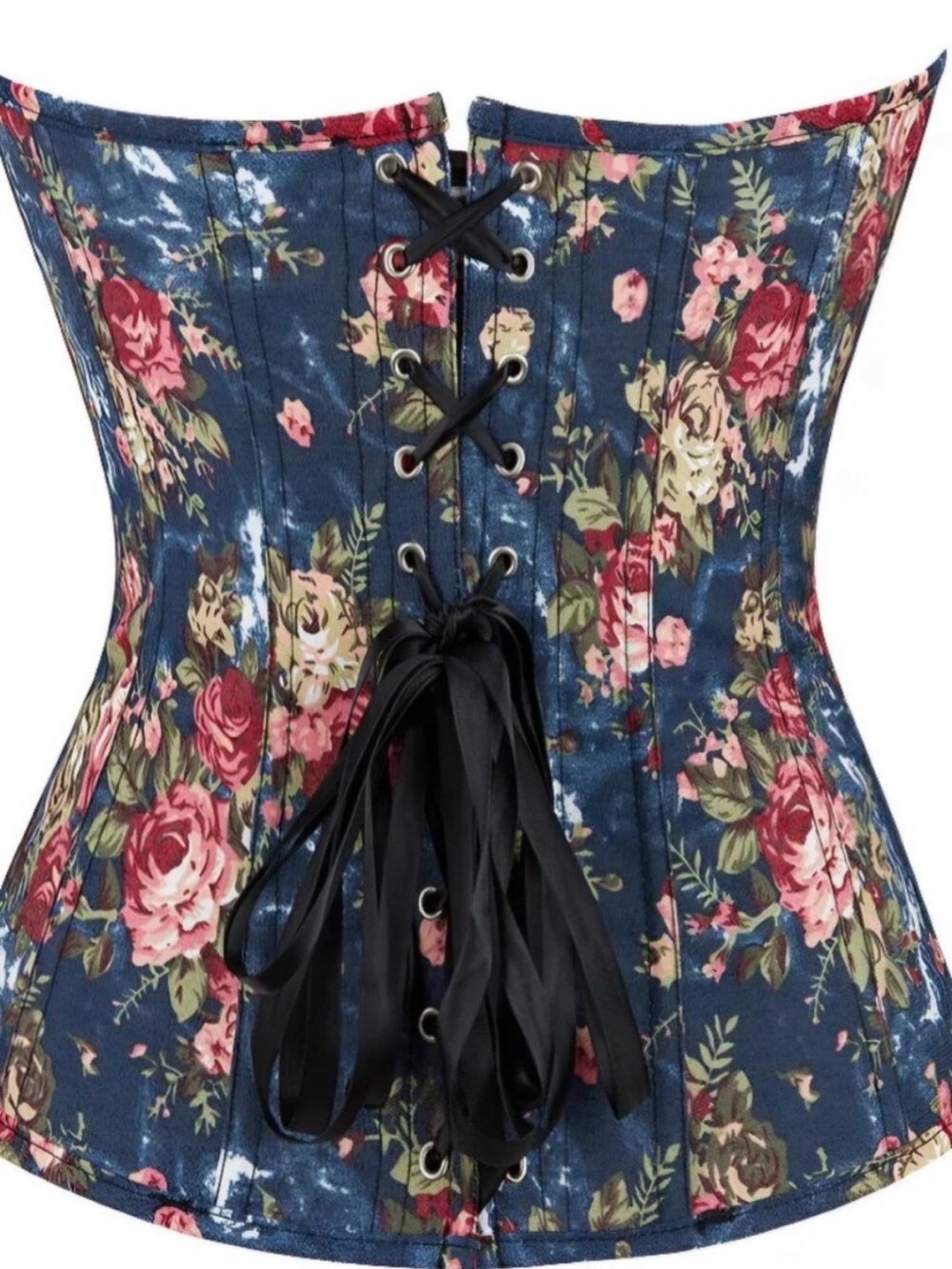 Floral Denim Corset Top in Navy Blue - Picture 5 of 6